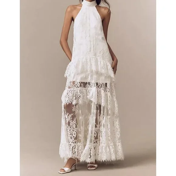 BHLDN Lace Halter Ruffle Peekaboo Maxi Dress Wedding Whimsical Romantic Womens S - Picture 1 of 10